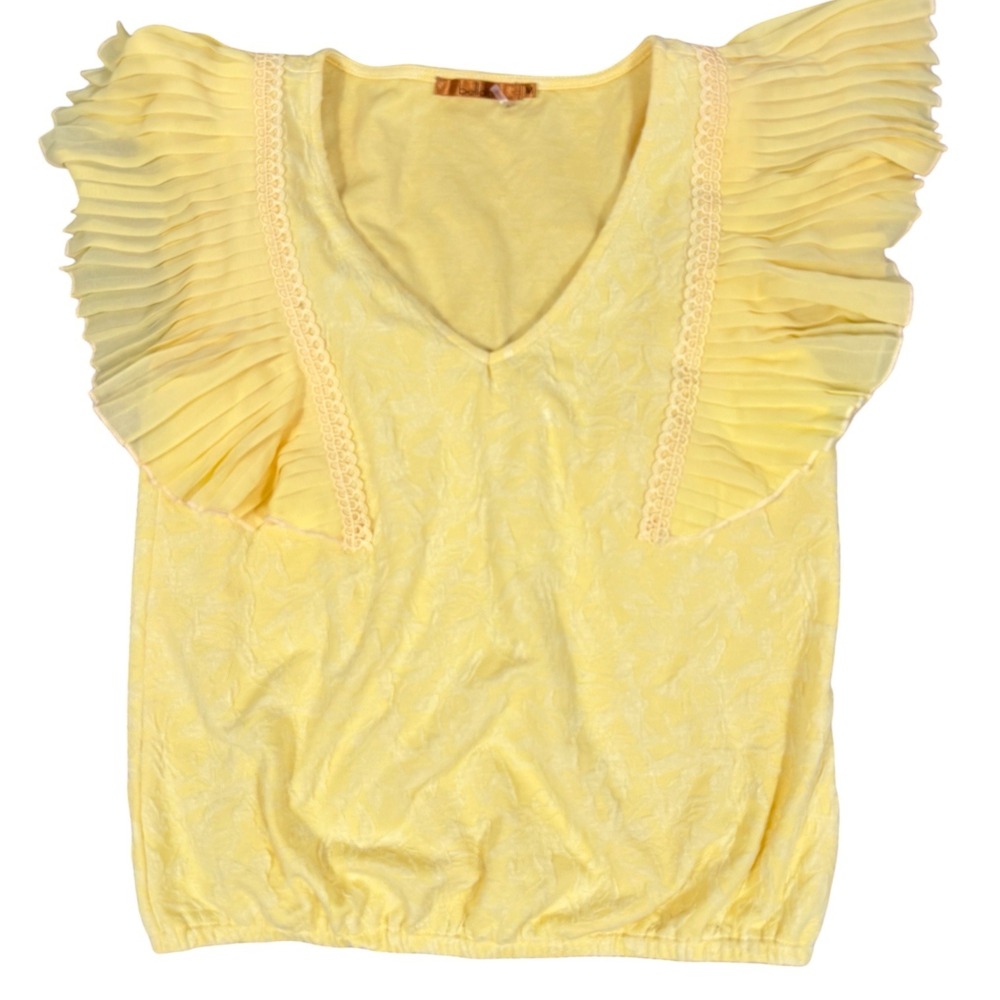 Belldini Pleated Flutter Sleeve Top Womens‎ Medium Yellow Jacquard Lace V-Neck - Picture 7 of 9